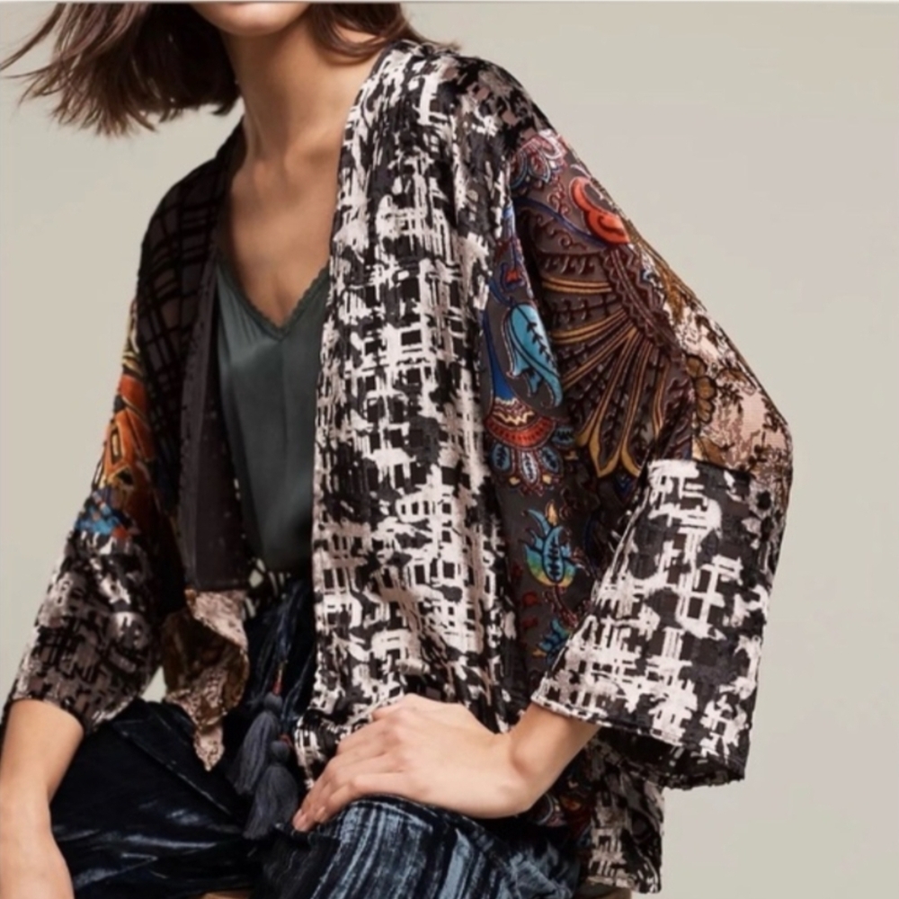Anthropologie Floreat Velvet Burnout Patchwork Kimono Jacket OS
